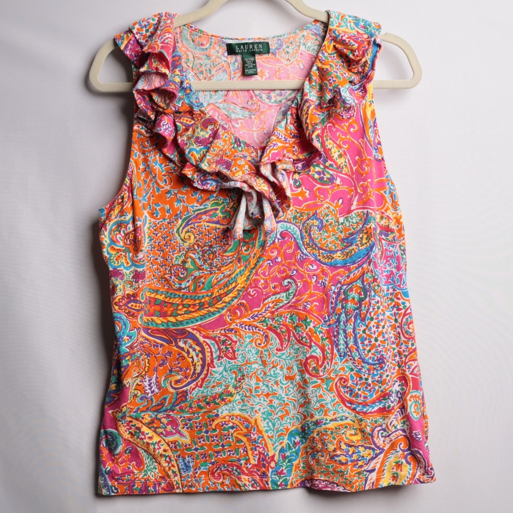 Lauren Ralph Lauren Womens 1X Paisley Ruffle Neck Cotton Sleeveless Top Pink